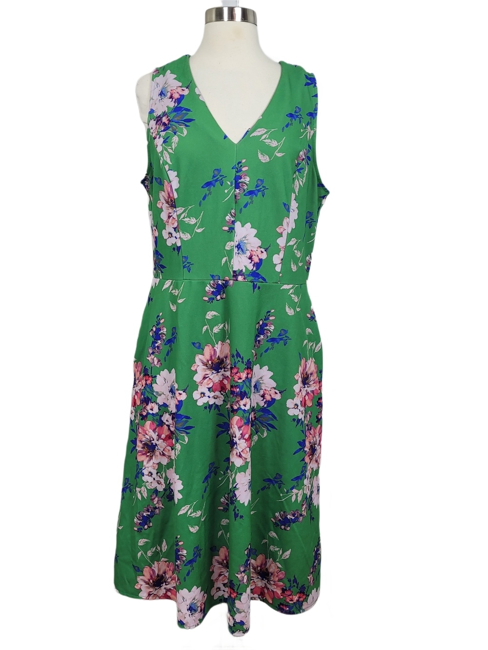 London Times Green Floral Fit & Flare Tea Dress Size 14 V-Neck Spring